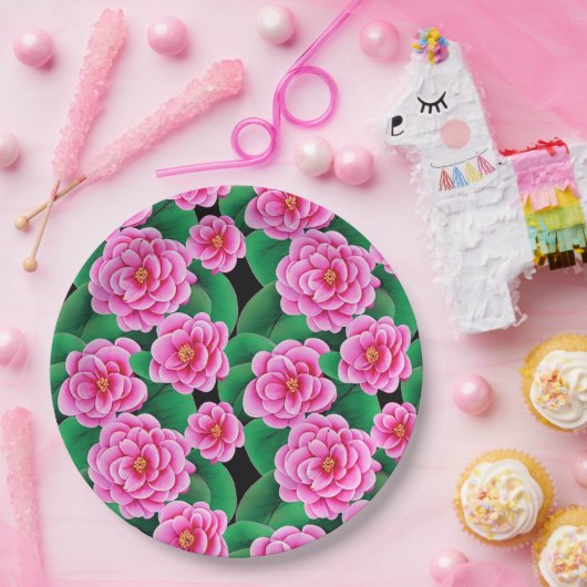 Fuchsia Pink Camellias und Jade Green Blätter Pappteller (Party)