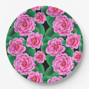 Fuchsia Pink Camellias und Jade Green Blätter Pappteller