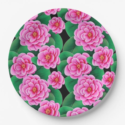 Fuchsia Pink Camellias und Jade Green Blätter Pappteller (Vorderseite)