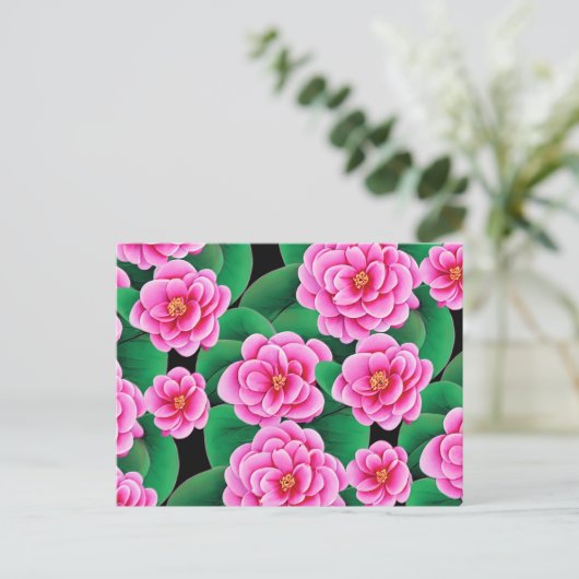 Fuchsia Pink Camellias und Jade Green Blätter Postkarte (Stehend Vorderseite)