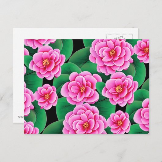 Fuchsia Pink Camellias und Jade Green Blätter Postkarte (Vorne/Hinten)