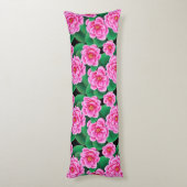 Fuchsia Pink Camellias und Jade Green Blätter Seitenschläferkissen (Rückseite (Vertikal))