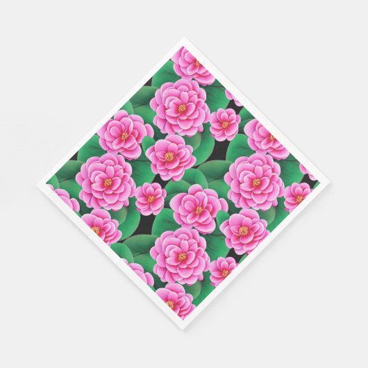 Fuchsia Pink Camellias und Jade Green Blätter Serviette (Ecke)