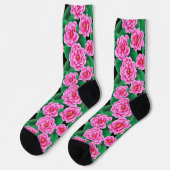 Fuchsia Pink Camellias und Jade Green Blätter Socken (Linkes Detail)