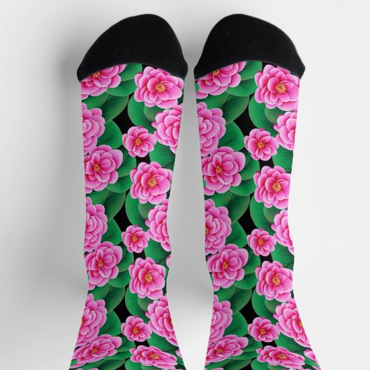 Fuchsia Pink Camellias und Jade Green Blätter Socken (Oben)