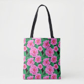 Fuchsia Pink Camellias und Jade Green Blätter Tasche (Vorderseite)