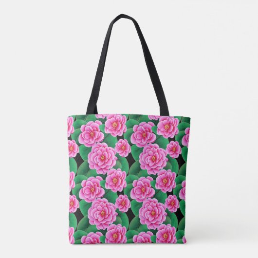 Fuchsia Pink Camellias und Jade Green Blätter Tasche (Rückseite)