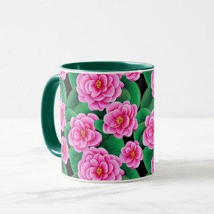Fuchsia Pink Camellias und Jade Green Blätter Tasse
