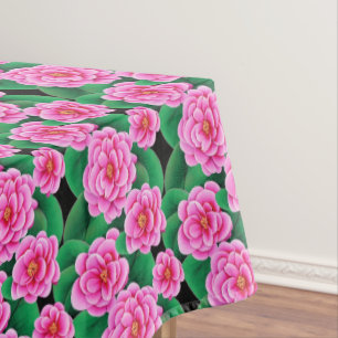 Fuchsia Pink Camellias und Jade Green Blätter Tischdecke