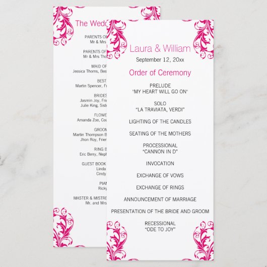 Fuchsia Pink Damask Hochzeitsprogramm Programm (Vorne/Hinten)