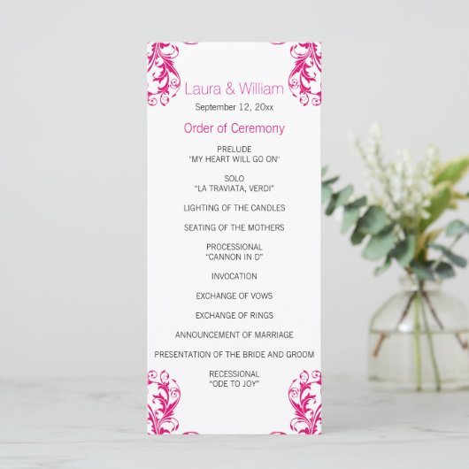 Fuchsia Pink Damask Hochzeitsprogramm Programm (Stehend Vorderseite)