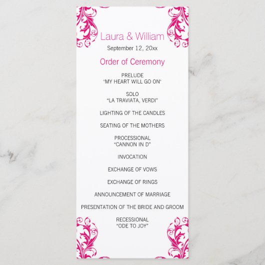 Fuchsia Pink Damask Hochzeitsprogramm Programm (Vorderseite)