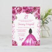 Fuchsia Pink Dark Skin Princess Birthday Party Einladung (Stehend Vorderseite)