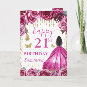 Fuchsia Pink Dress Dark Skin Princess Birthday Karte