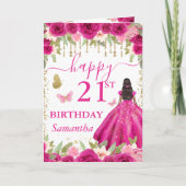 Fuchsia Pink Dress Dark Skin Princess Birthday Karte (Vorderseite)
