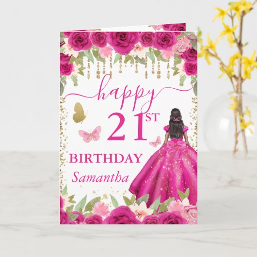 Fuchsia Pink Dress Dark Skin Princess Birthday Karte (Gelbe Blume)