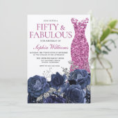 Fuchsia Pink Dress Navy Silver 50. Geburtstag Einladung (Stehend Vorderseite)