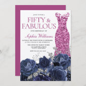 Fuchsia Pink Dress Navy Silver 50. Geburtstag Einladung (Vorne/Hinten)