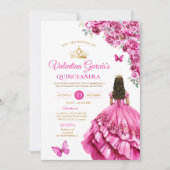 Fuchsia Pink Dress Quinceañera 15 Anos Floral Gold Einladung (Vorderseite)
