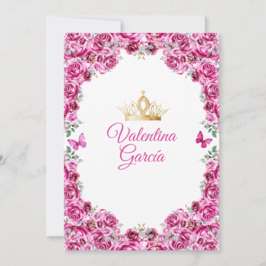 Fuchsia Pink Dress Quinceañera 15 Anos Floral Gold Einladung (Rückseite)