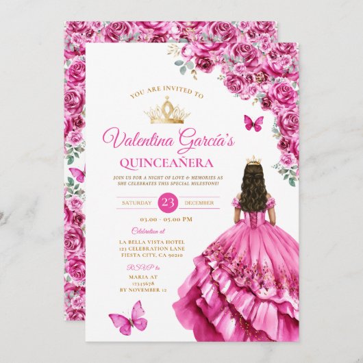 Fuchsia Pink Dress Quinceañera 15 Anos Floral Gold Einladung (Vorne/Hinten)