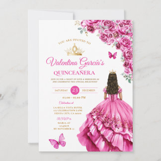Fuchsia Pink Dress Quinceañera 15 Anos Floral Gold Einladung