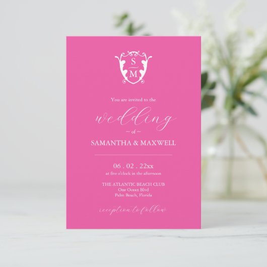 Fuchsia Pink Einladung zur Hochzeit mit QR-Code (Stehend Vorderseite)