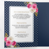 Fuchsia Pink Floral All in One Wappen Navy Hochzei Dreifach Gefaltete Einladung (Innen Erste Seite)