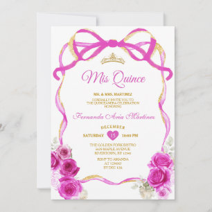 Fuchsia Pink Floral Bow Ribbon Gold Mis Quince Einladung