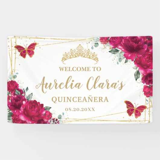 Fuchsia Pink Floral Butterflies Welcome Backdrop Banner (Horizontal)