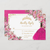 Fuchsia Pink Floral Gold Prinzessin Gown Quinceane RSVP Karte (Vorne/Hinten)