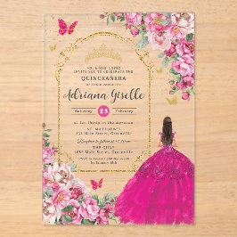 Fuchsia Pink Floral Gold Quinceañera Sweet 16 XV Acryleinladungen