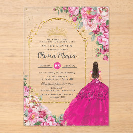 Fuchsia Pink Floral Gold Quinceañera Sweet 16 XV Acryleinladungen