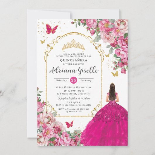 Fuchsia Pink Floral Gold Quinceañera Sweet 16 XV Einladung (Vorderseite)
