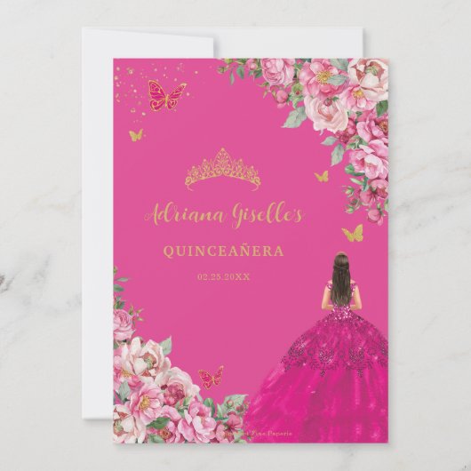 Fuchsia Pink Floral Gold Quinceañera Sweet 16 XV Einladung (Rückseite)