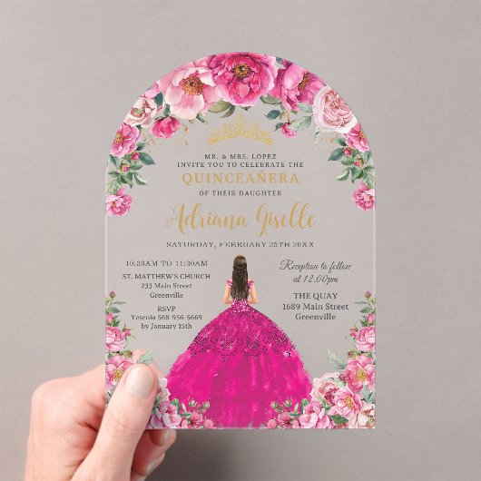 Fuchsia Pink Floral Gold Quinceanera XV Sweet 16 Acryleinladungen (Insitu (Handheld))