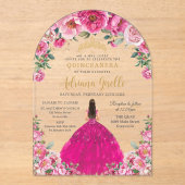 Fuchsia Pink Floral Gold Quinceanera XV Sweet 16 Acryleinladungen (Vorderseite)