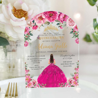 Fuchsia Pink Floral Gold Quinceanera XV Sweet 16 Acryleinladungen