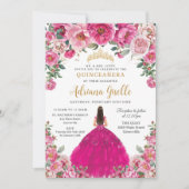 Fuchsia Pink Floral Gold Quinceanera XV Sweet 16 Einladung (Vorderseite)