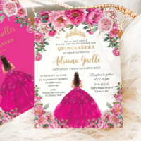 Fuchsia Pink Floral Gold Quinceanera XV Sweet 16