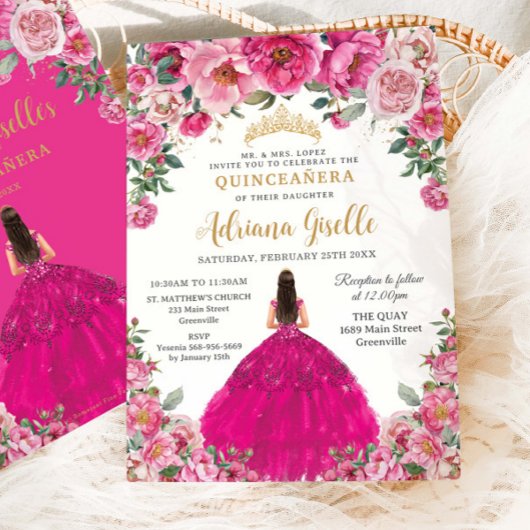 Fuchsia Pink Floral Gold Quinceanera XV Sweet 16 Einladung