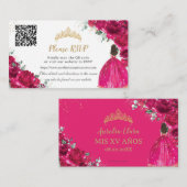 Fuchsia Pink Floral Gold Quinceñera QR Code Begleitkarte (Vorne/Hinten)