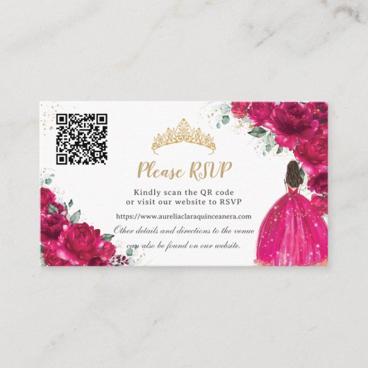 Fuchsia Pink Floral Gold Quinceñera QR Code Begleitkarte (Vorderseite)