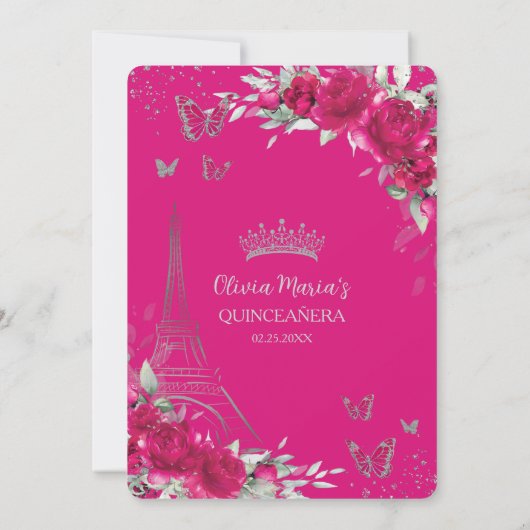 Fuchsia Pink Floral Paris Schmetterlinge Quinceañe Einladung (Rückseite)