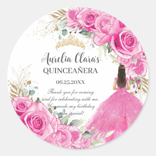 Fuchsia Pink Floral Princess Gold Quinceañera XV Runder Aufkleber (Vorderseite)