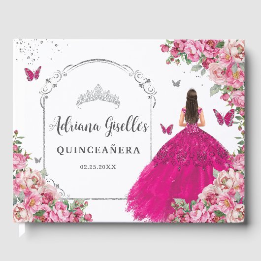 Fuchsia Pink Floral Princess Silver Quinceañera  Gästebuch (Vorderseite)