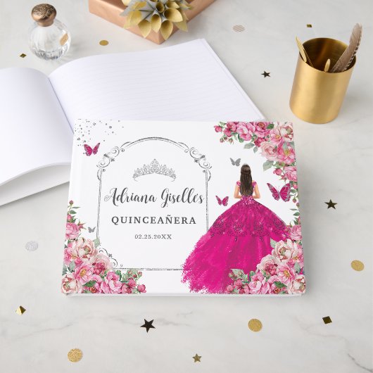 Fuchsia Pink Floral Prinzessin Silver Quinceanera Gästebuch (Vorderseite Offen)