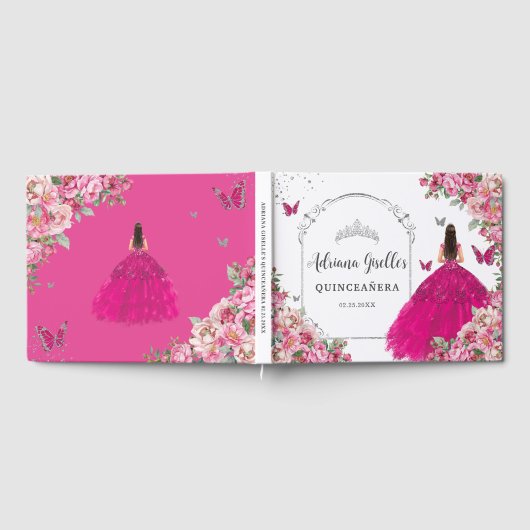 Fuchsia Pink Floral Prinzessin Silver Quinceanera Gästebuch (Voll)