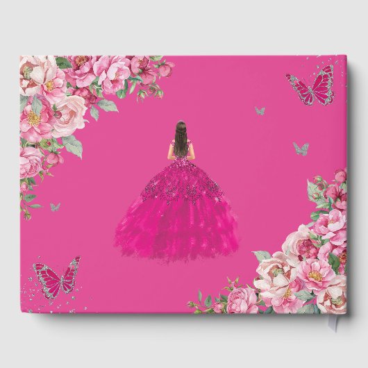 Fuchsia Pink Floral Prinzessin Silver Quinceanera Gästebuch (Rückseite)