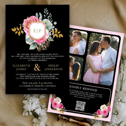 Fuchsia Pink Floral QR Code Schwarzes Wappen Hochz Einladung